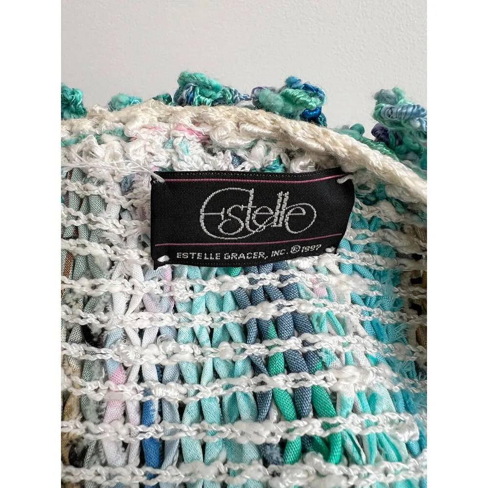 Estelle Vintage Open Front Crocheted Hand Woven Knit Cardigan Medium Blue - Image 7