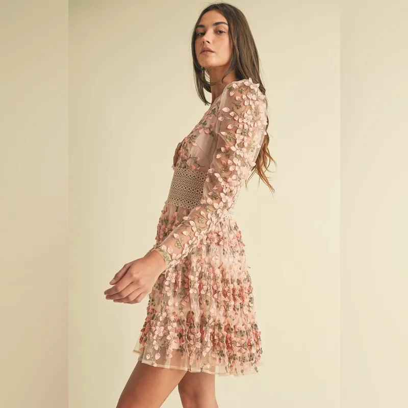 Floral Embroidered Pink Dress Size L - Image 7