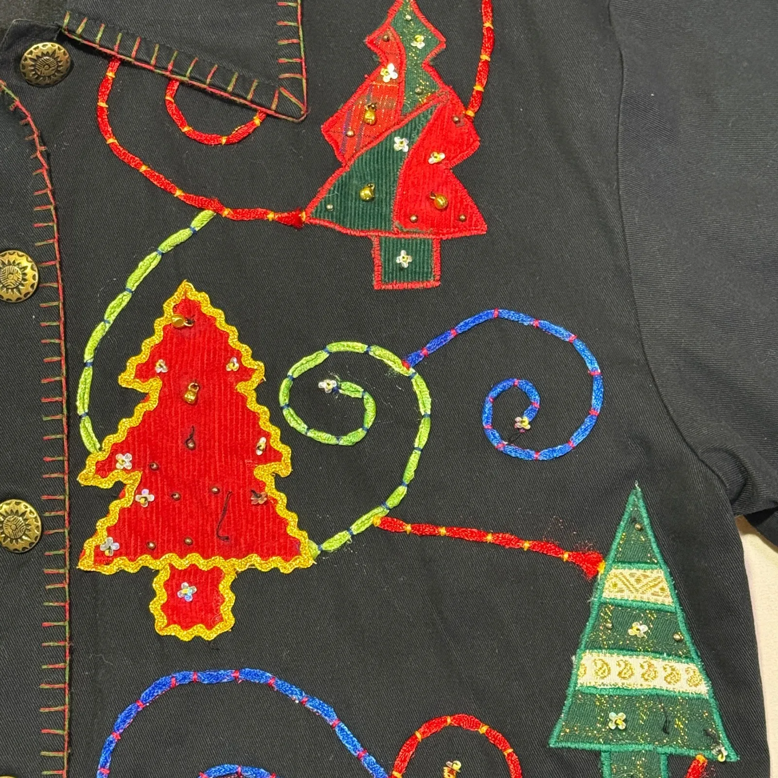 Vintage New Directions‎ Christmas Tree Embroidered Button Down Holiday Jacket Black - Image 4