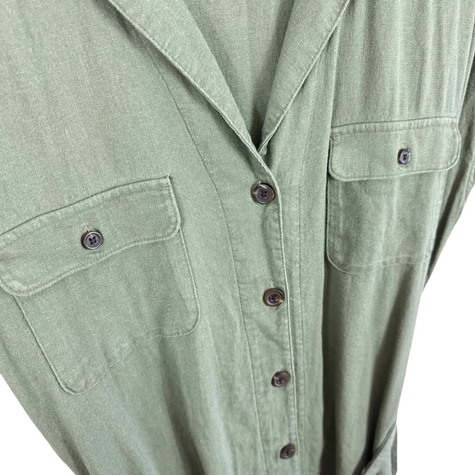 Old Navy Green Linen Blend Short Sleeve Belted Button Up Above Knee Dress Size L - Image 3