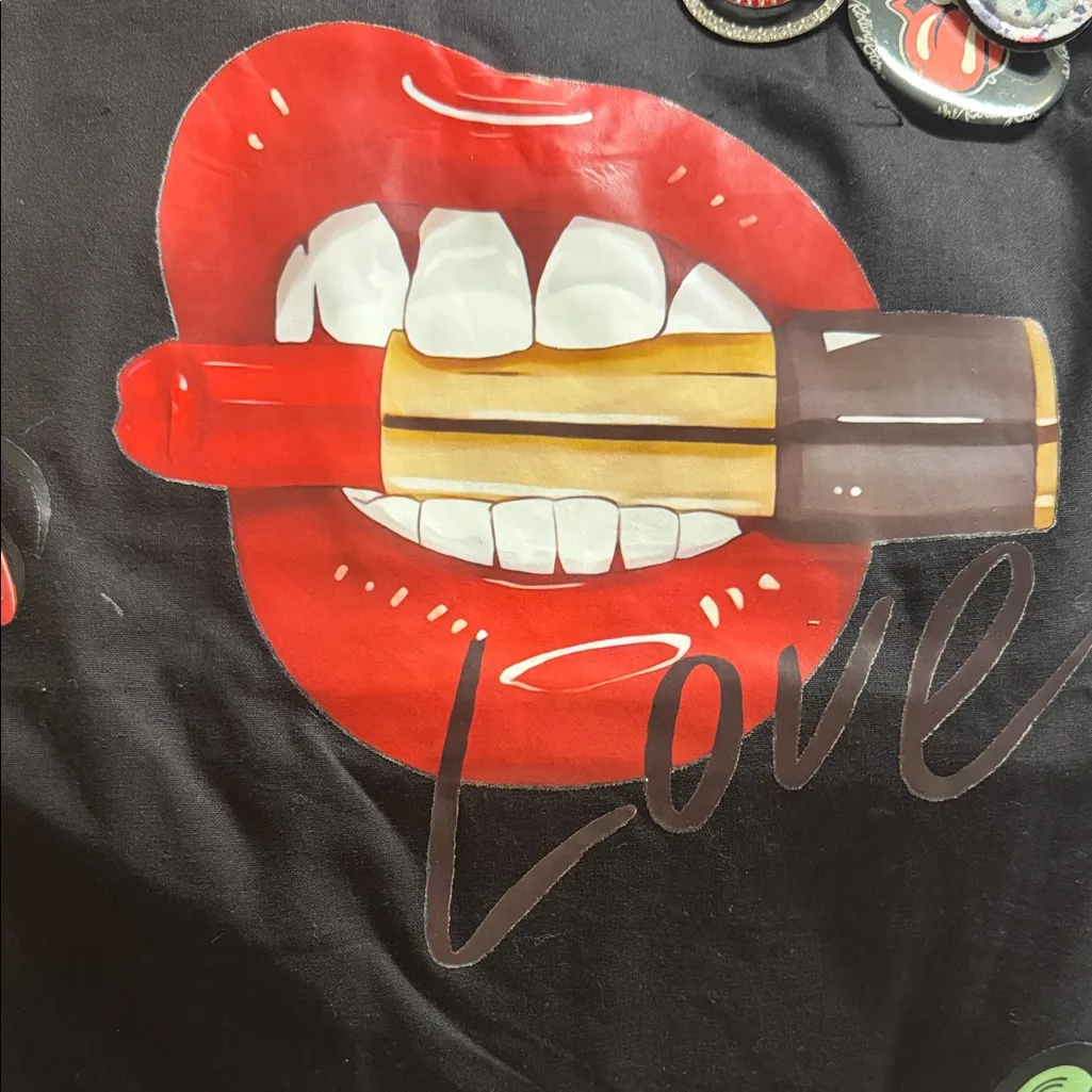 Handmade Black Graphic Tote with Red Lips and Lipstick Design - Image 3