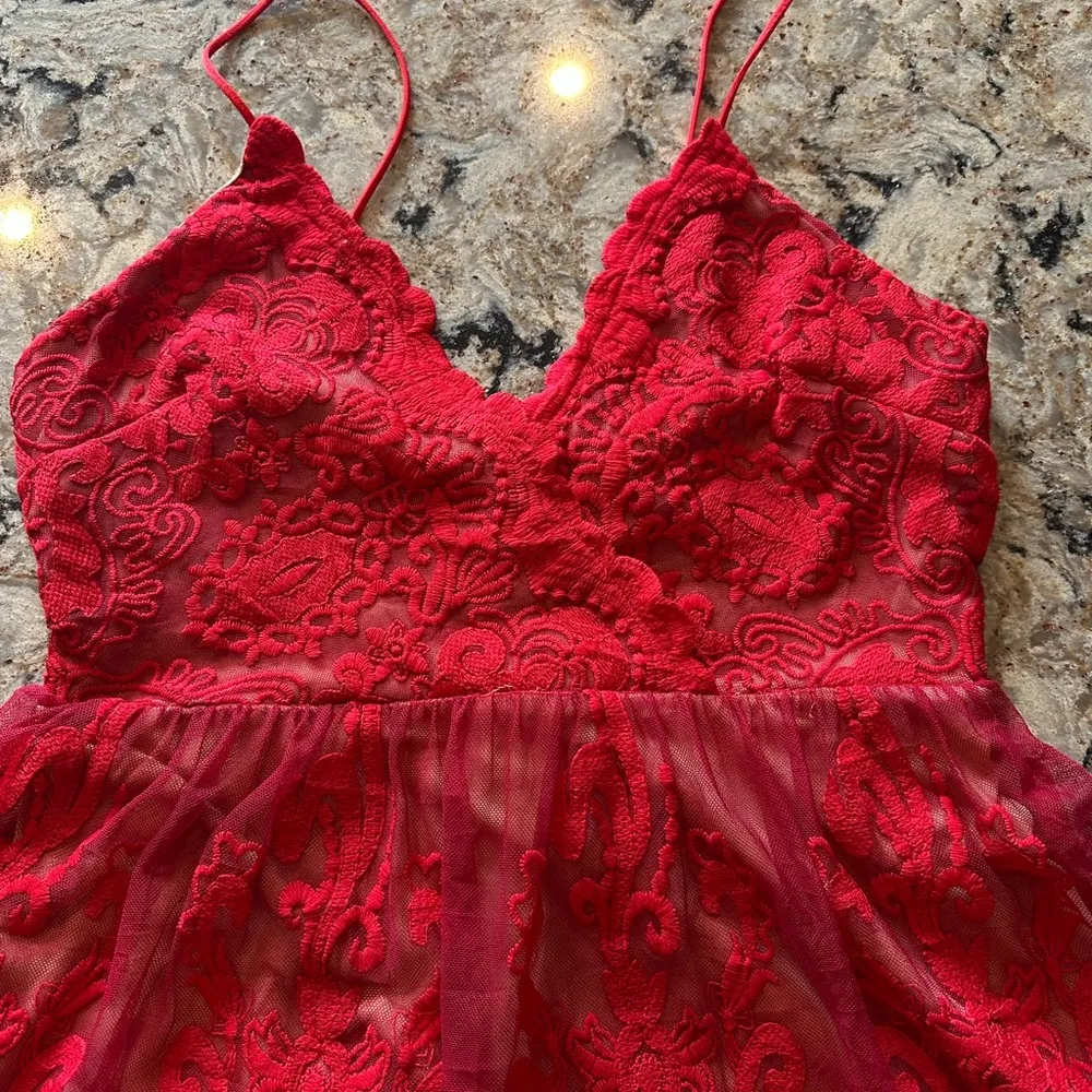 Red Lace Dress AUDINE Southern Fried Chics Antique Lace Western Boho Prom Sz M - Image 3