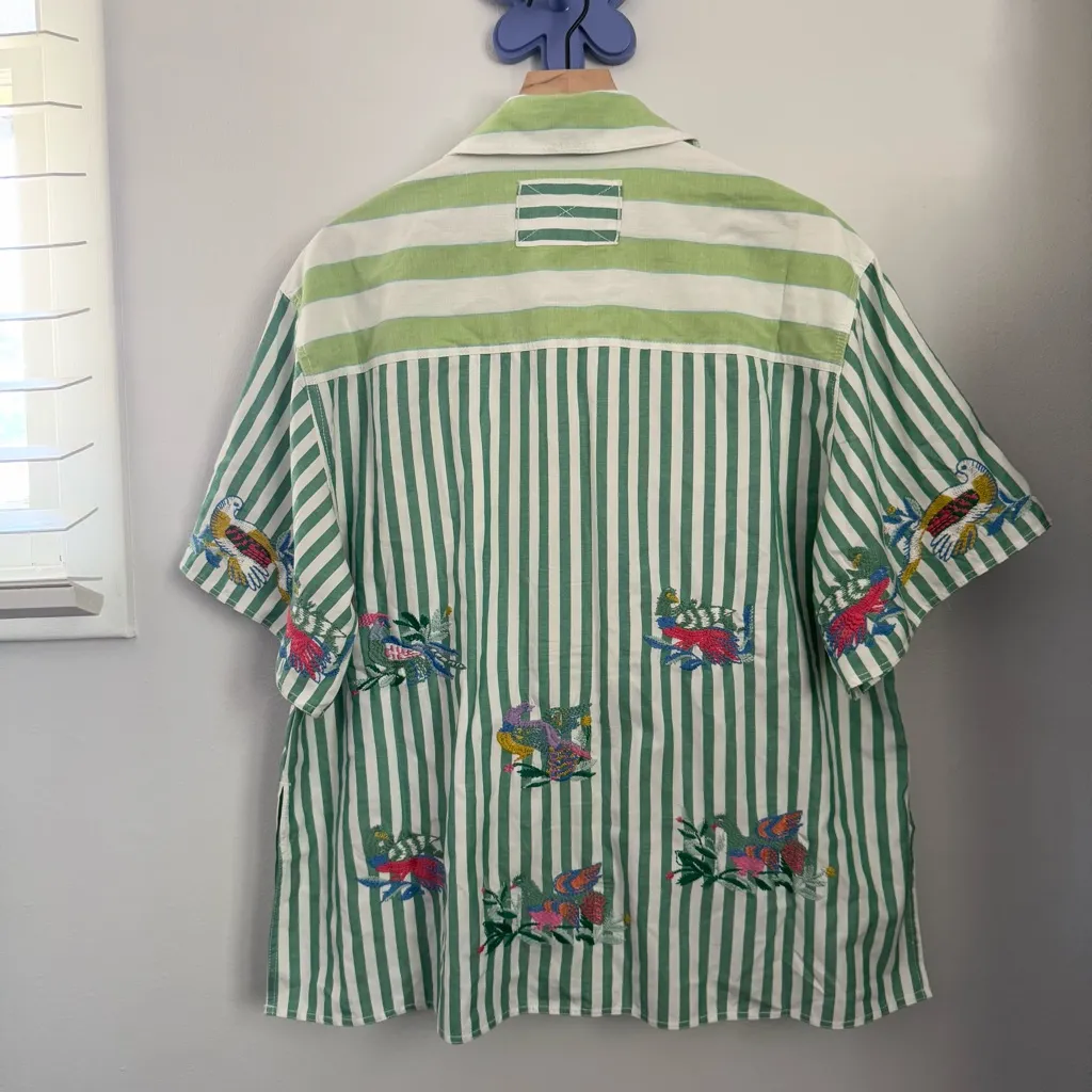 Free People Medium The Bird Shirt Embroidered Relaxed Boxy Fit Green Stripe - Image 6