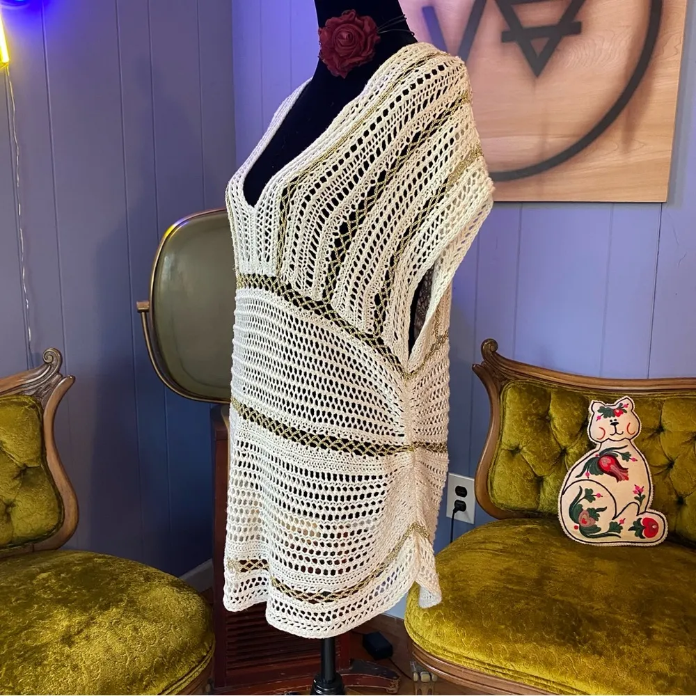 Vintage Y2K Bebe Crochet V Neck Short Sleeved Cover Up Mini Dress Size S/M Gold - Image 4