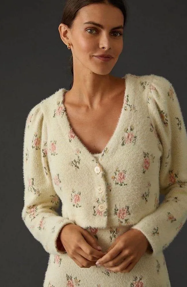 Anthropologie Daily Practice Floral Printed Sweater Dress Set Fuzzy Ivory - Image 4