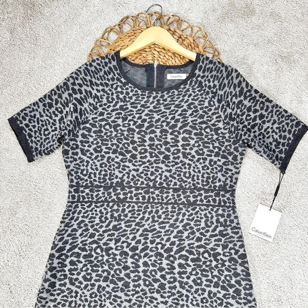 NWT Calvin Klein Leopard Spot Print Knit Bodycon Midi Dress Short Sleeve Chic - Image 4