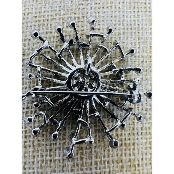 Vintage Starburst Atomic Rhinestone Brooch Pendant 3D Silver Tone‎ Center Flower - Image 5