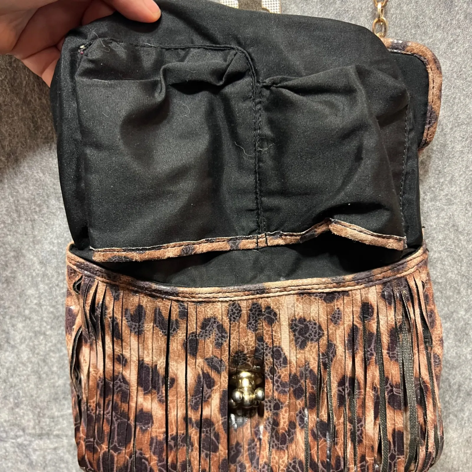 Chico's Animal Print Crossbody Bag Chain Strap Purse Faux‎ Leather Fringe - Image 13