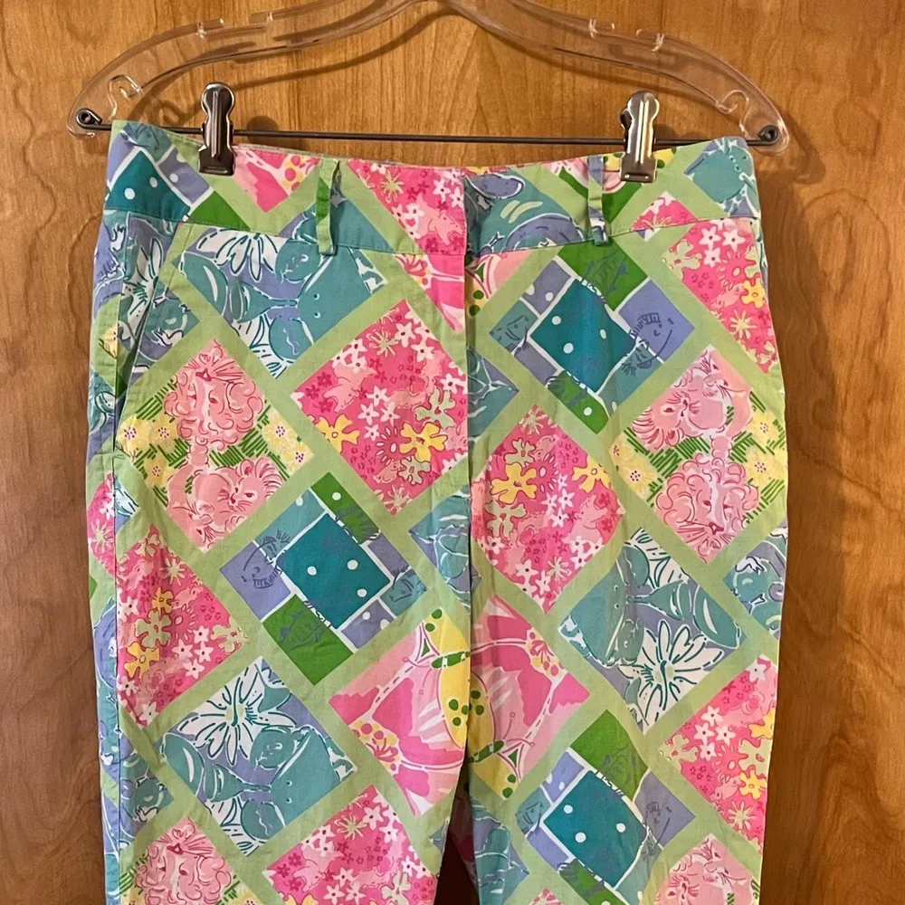 Lilly Pulitzer Pants Pink Blue Green Squares Animals Vintage White Label 6 FLAW - Image 4