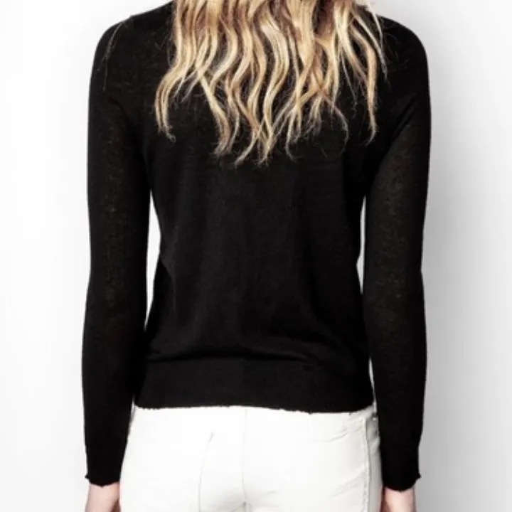 Zadig & Voltaire Black Cashmere Sweater with Silver Rhinestone Skull W1959 Sz L - Image 3