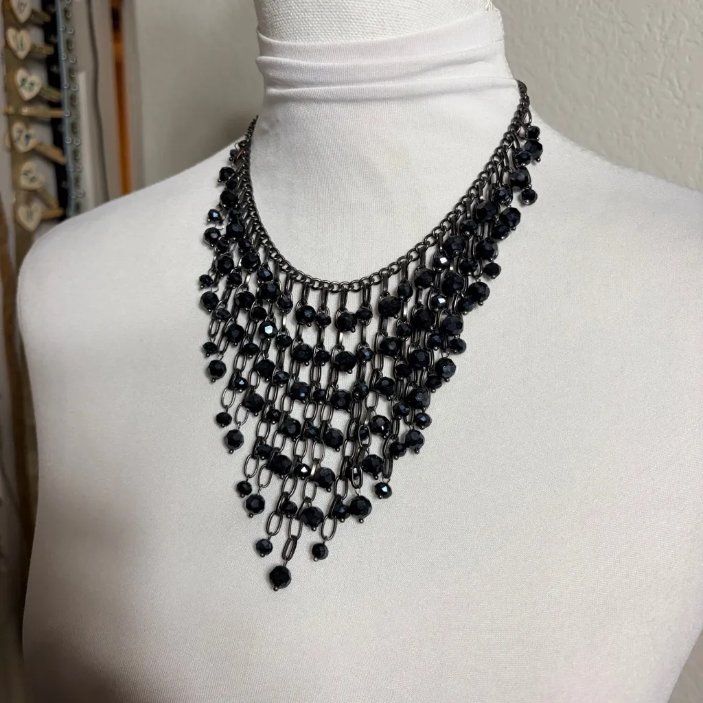 Statement Bib Collar Cascading Fringe Black Beaded Necklace - Image 2
