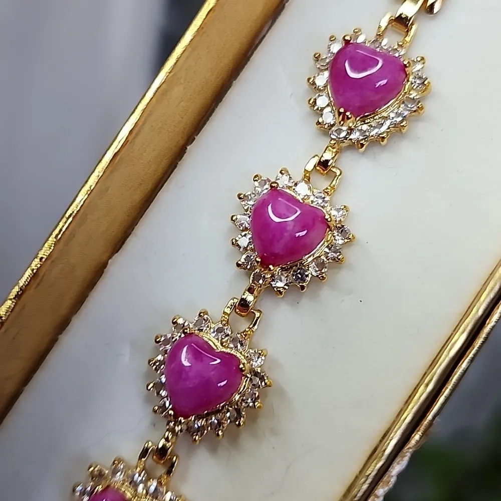 Gold with Pink Jade Hearts Bracelet - Image 3