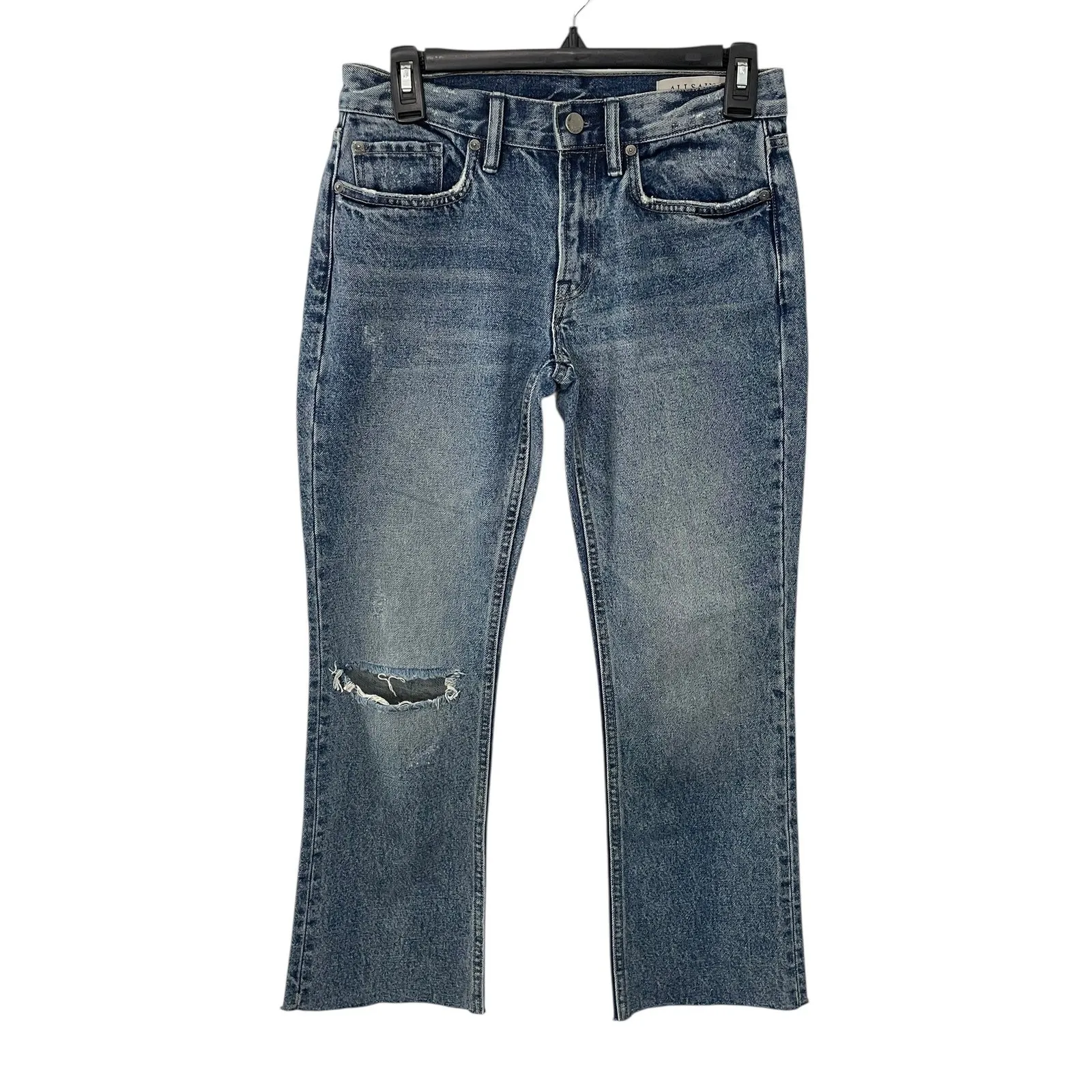 ALLSAINTS Serene Destroy Kick Flare Jeans Size 25 Distressed Raw‎ Hem Blue Denim - Image 3