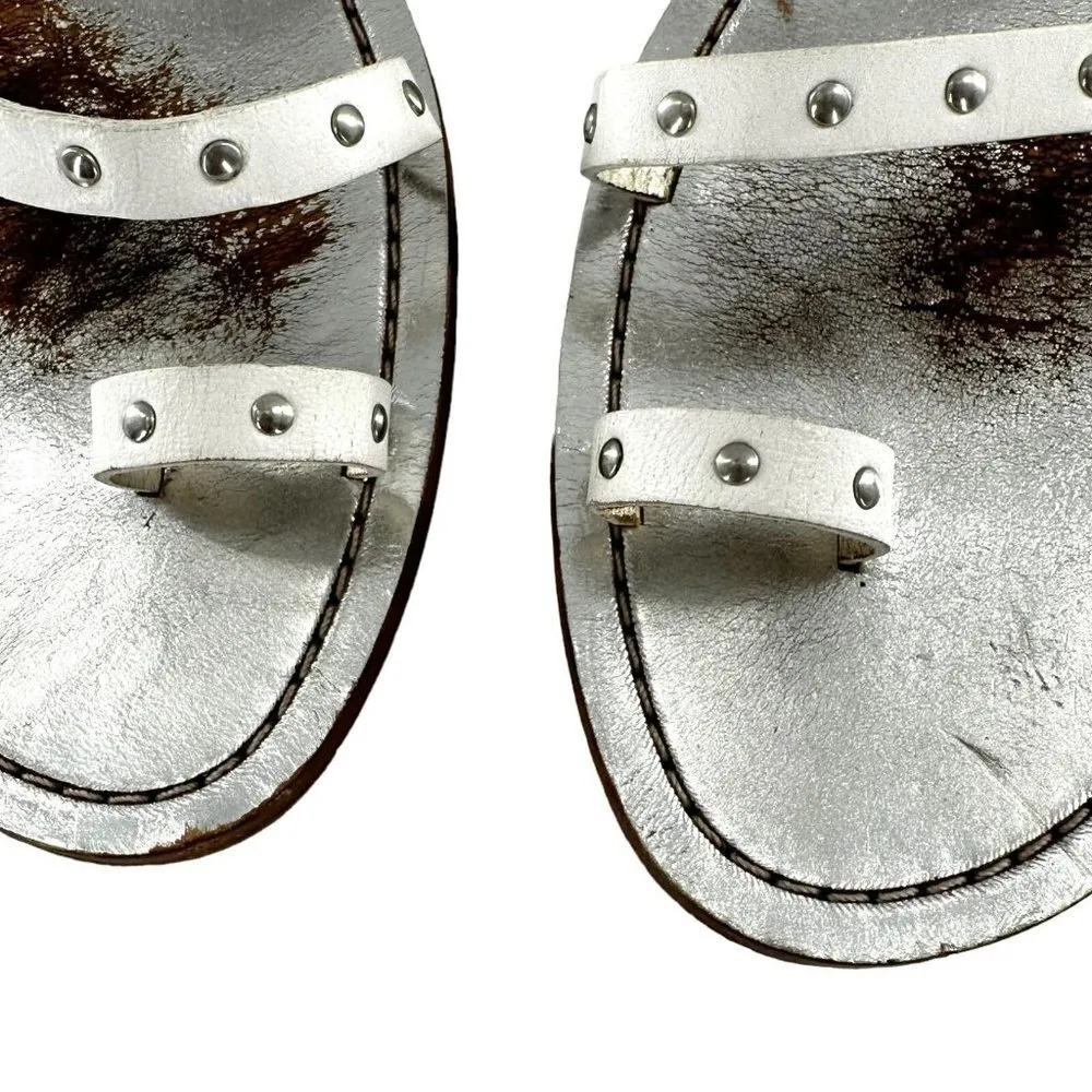 Jimmy Choo Silver Studded White Leather Ankle Wrap Toe Ring Sandals Size 36.5 - Image 4