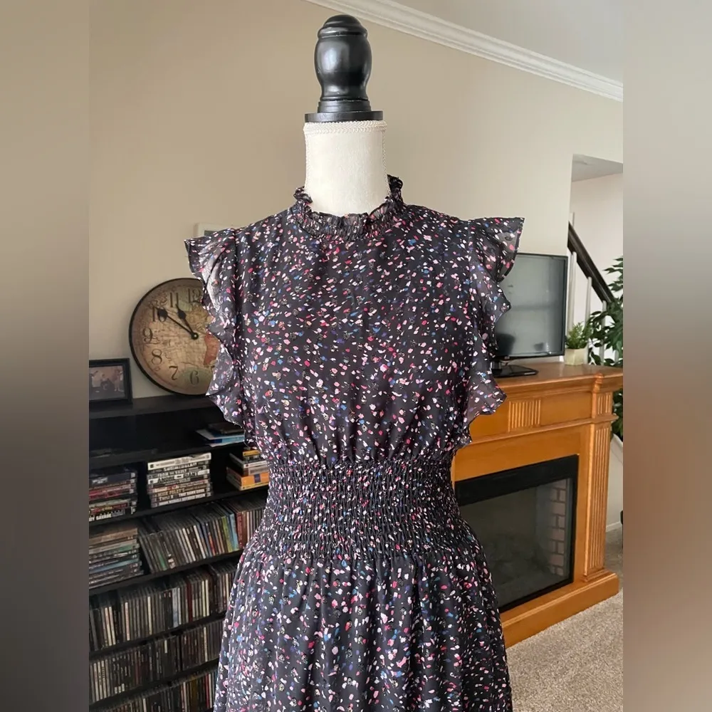 AQUA Flutter Sleeve Midi Sheer Fabric Dress Smocked Waist Confetti Print Size XS - Image 4