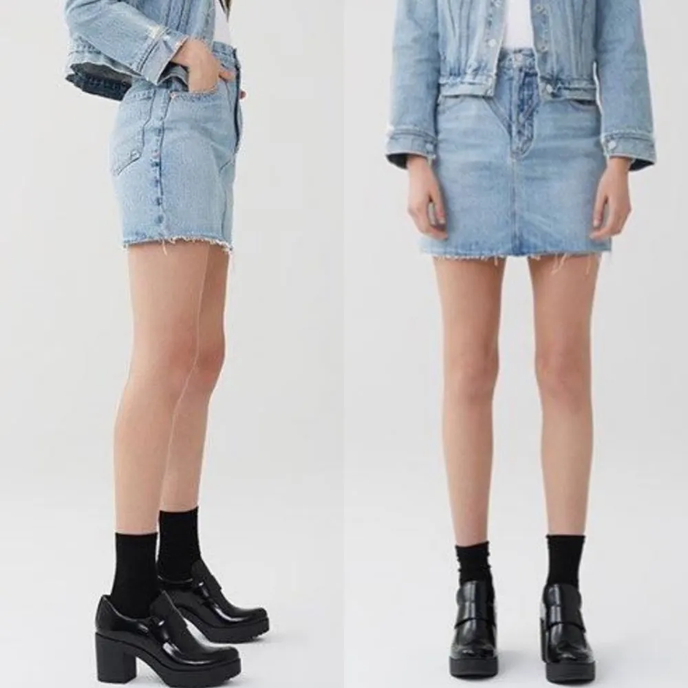 AGOLDE Palladium Hi Rise Denim Jean Western Mini Skirt: Renewal Blue Raw Hem - Image 7