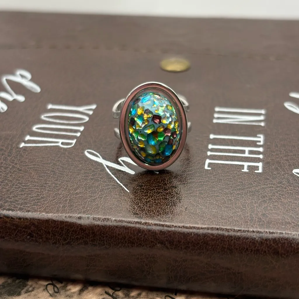 Vintage 60s Glass Cabochon Adjustable Ring Stainless Steel Band Handmade Silver - Image 4