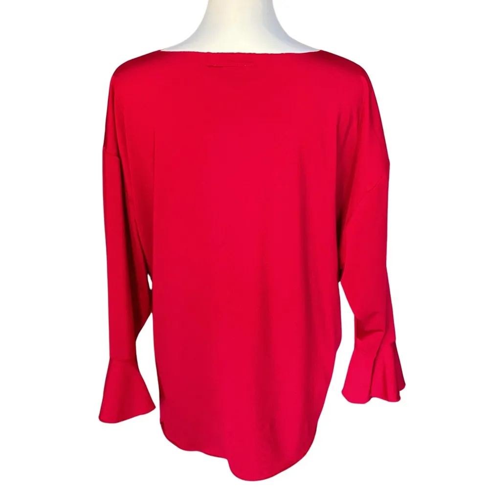 Vintage 90s 3X Red Silky Satin Flowy Ruched Bow Top with V Neck Flared Sleeves - Image 2