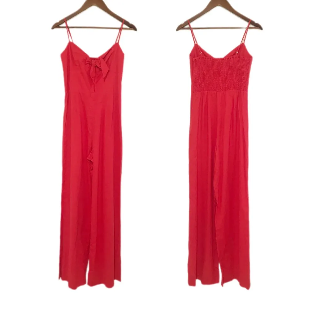 GIANNI BNI Red Linen Spaghetti Strap Wide Leg Jumpsuit Tie Bow Front Size‎ 4 New - Image 3