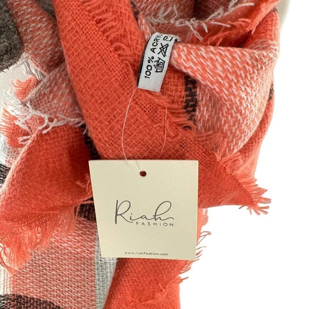 NEW/NWT Riah Fashion Coral/White/Gray Plaid Woven Blanket Scarf Orange - Image 4
