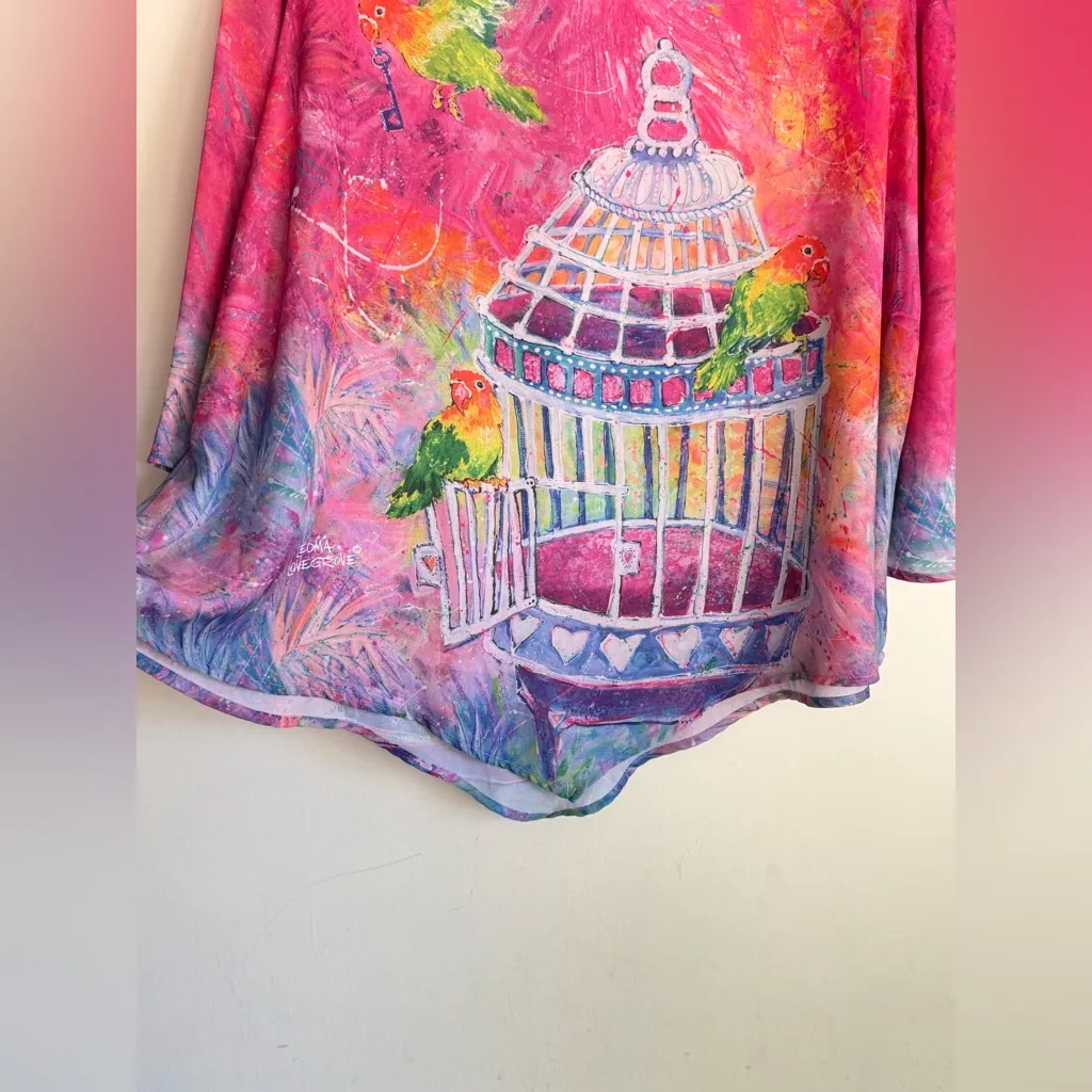 Leoma Lovegrove XL Art Tunic Birdcage Parrot Print Boho Wearable Art Top Pink - Image 6