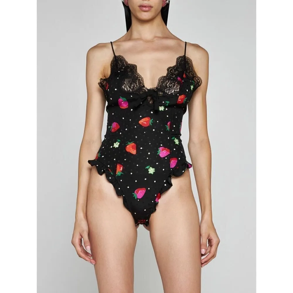 Alessandra Rich Strawberry Print Silk Jacquard Bodysuit in Black 42 New Womens Size undefined - Image 15