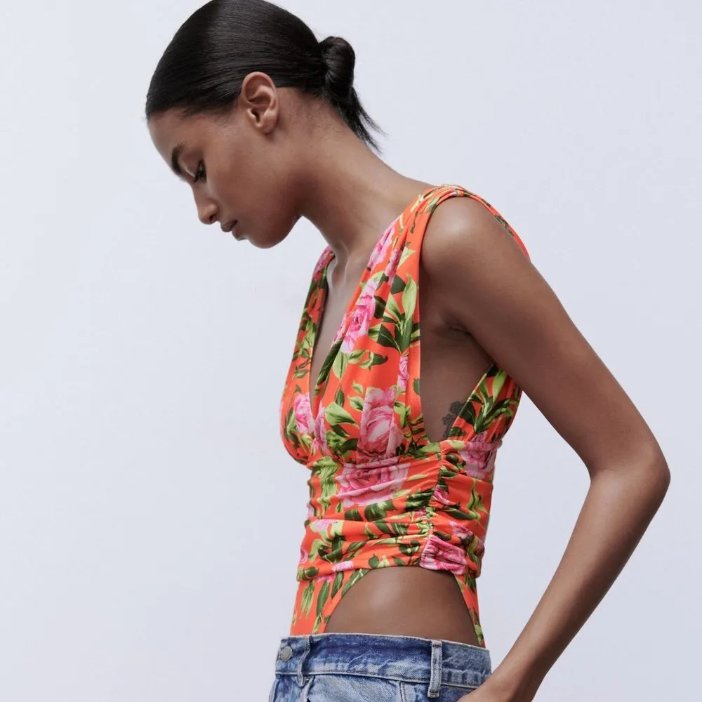 NWT ZARA Wallpaper PRINTED FLORAL DRAPED BODYSUIT MEDIUM Multicolor - Image 6