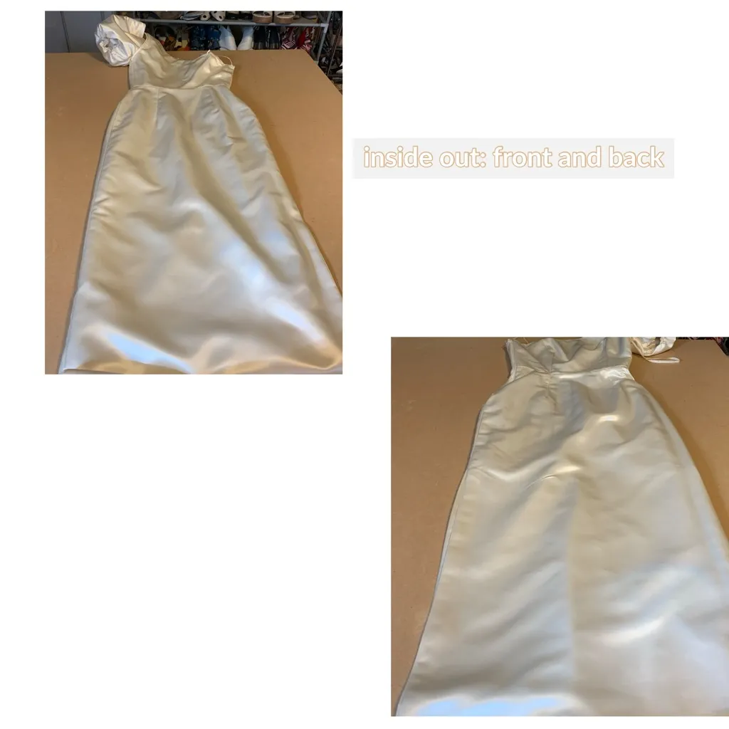 VINTAGE 1980'S HAND CRAFTED CREAM RHINESTONE SATIN SINGLE SHOULDER DRESS (S) White - Image 10