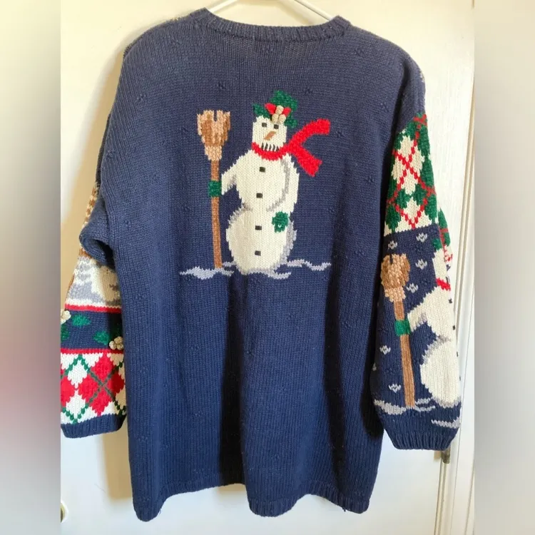 PBJ Sport Vintage Navy Ugly Christmas Ramie Blend Button Up Cardigan Sweater Blue Size L - Image 13