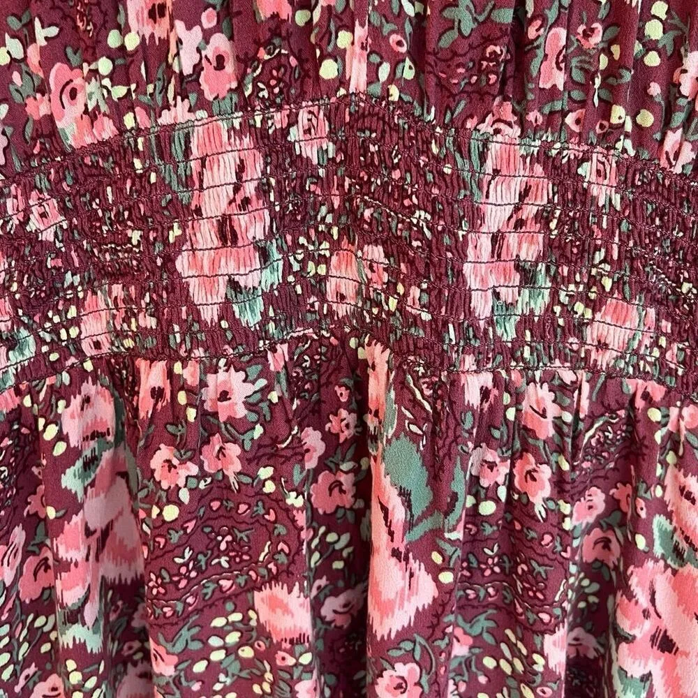 Aerie burgundy floral mini dress, gathered waist & cuffs, size L - Image 8