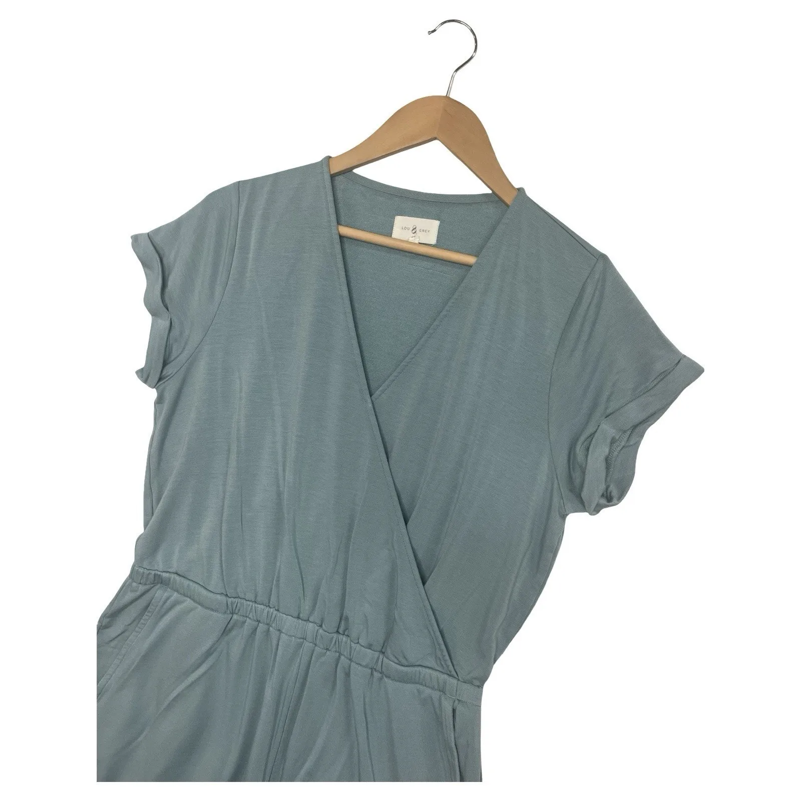 Lou Grey Romper Womens Large Green Faux Wrap Front Pockets Short Sleeve Beach - Image 7