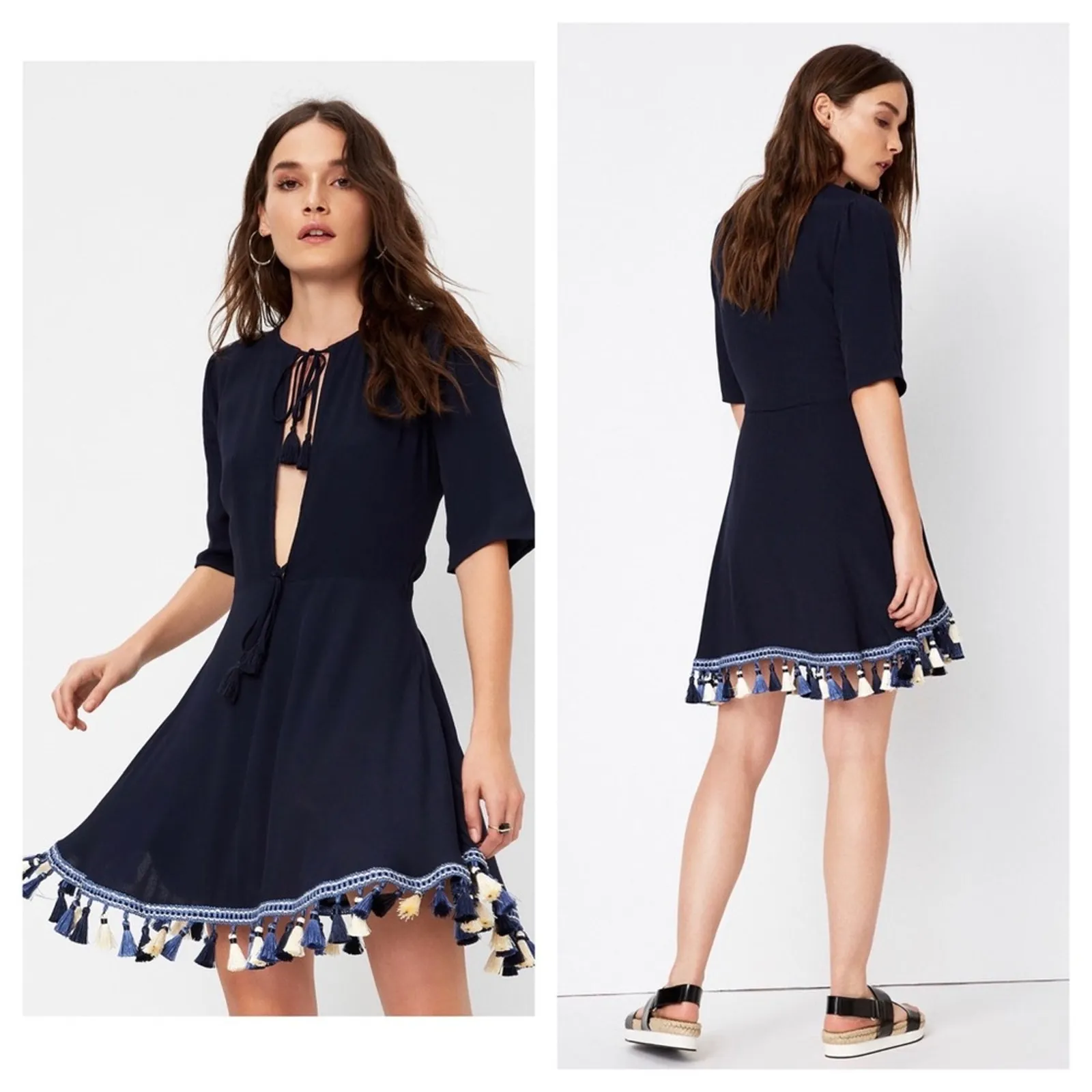 Revolve Tularosa Tallulah Blue Tassel Hem Mini Dress XS Plunge Neckline Boho - Image 2