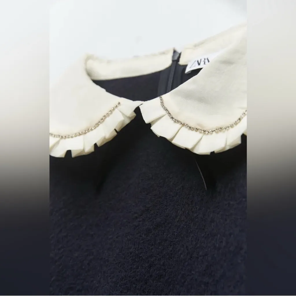 ZARA Navy Blue Rhinestone Trim Peter Pan Pointelle Collar Knit Sweater size M - Image 4