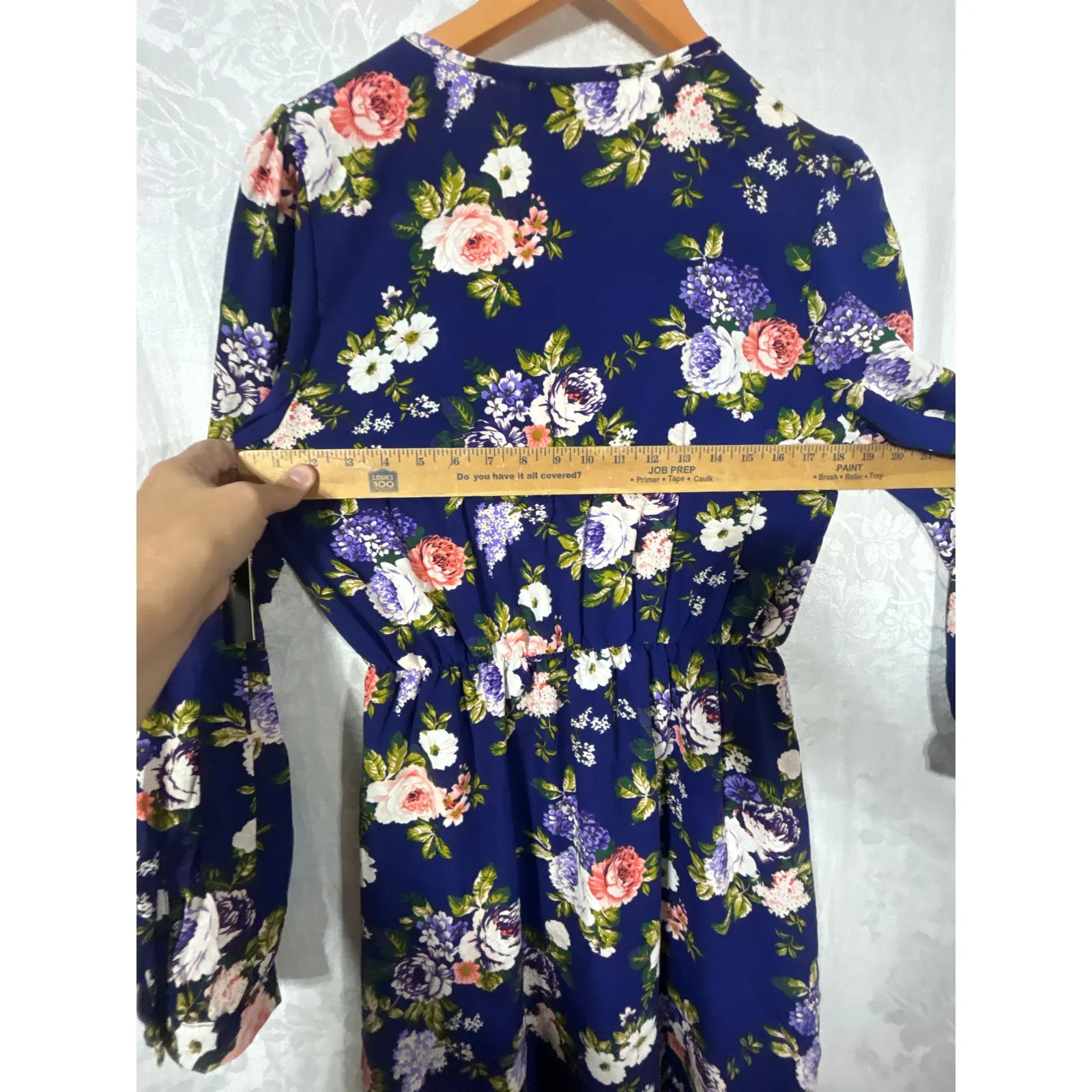 Lulus Faux Wrap Dress Medium Blue Floral NEW Long Sleeve Knee Length - Image 10