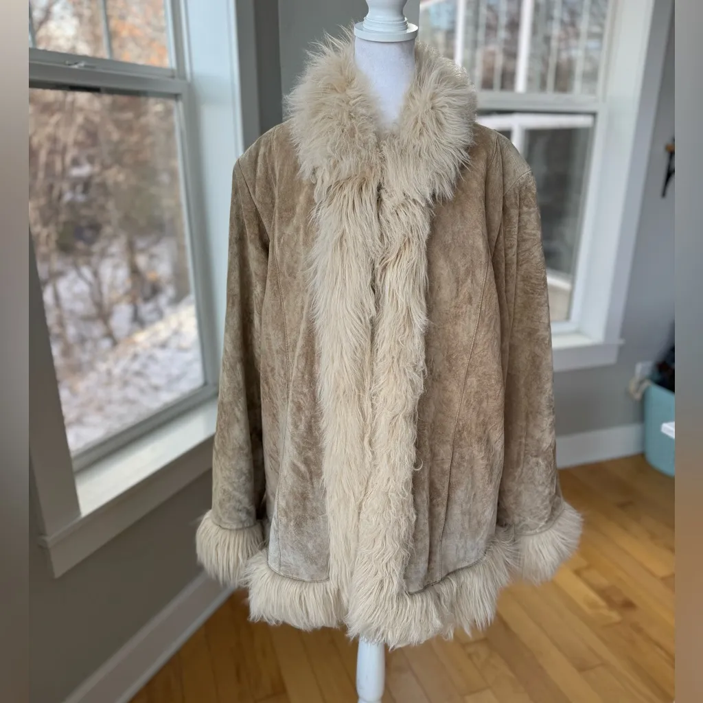 Vintage Avenue Genuine Suede Leather Faux Fur Trim Penny Lane Coat Jacket Sz XL Tan - Image 14