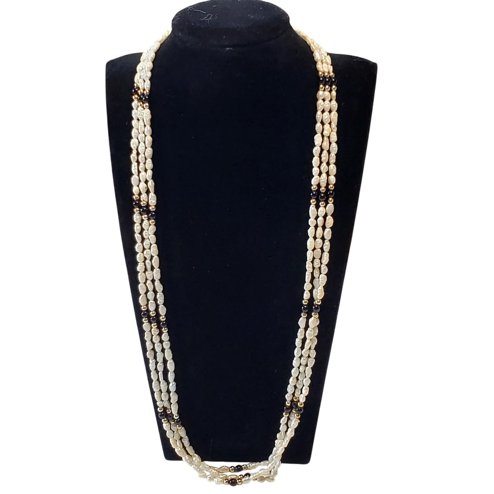 Gold & Fresh Water Pearl Multi Strand Necklace Bracelet with Onyx Stone Vtg 22" White - Image 3