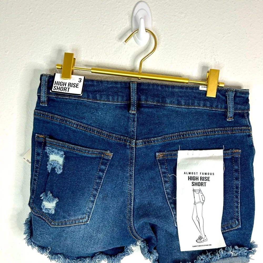 Almost Famous High Rise Distressed Denim Shorts Size 3 Dark Wash Frayed Hem - Image 7