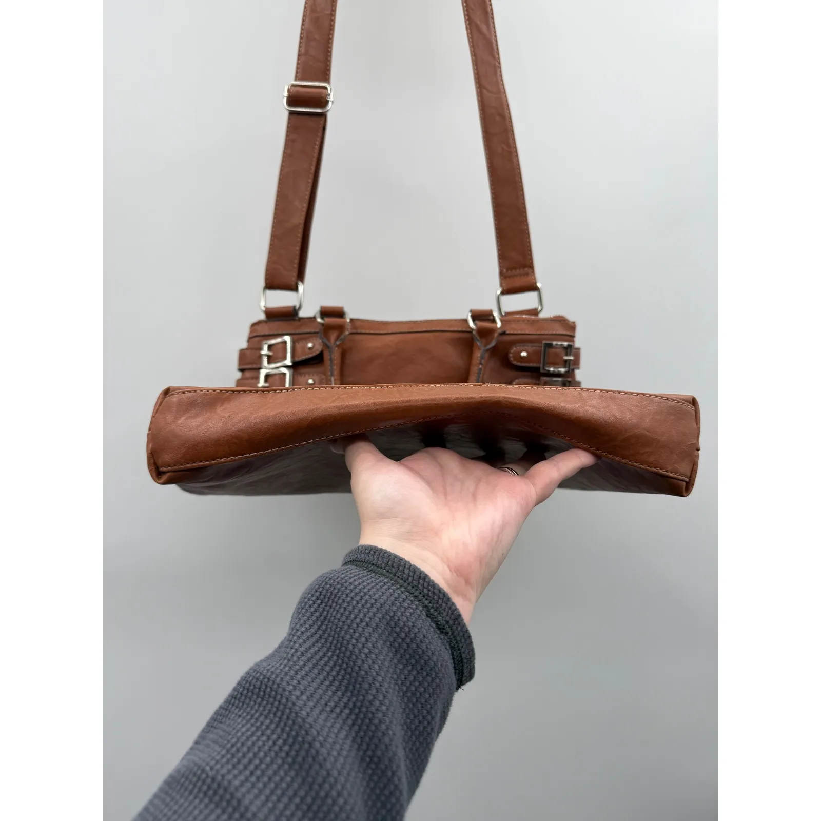 Nine West Brown Faux Leather Crossbody Bag Studded Zip Pocket Shoulder‎ Purse - Image 8