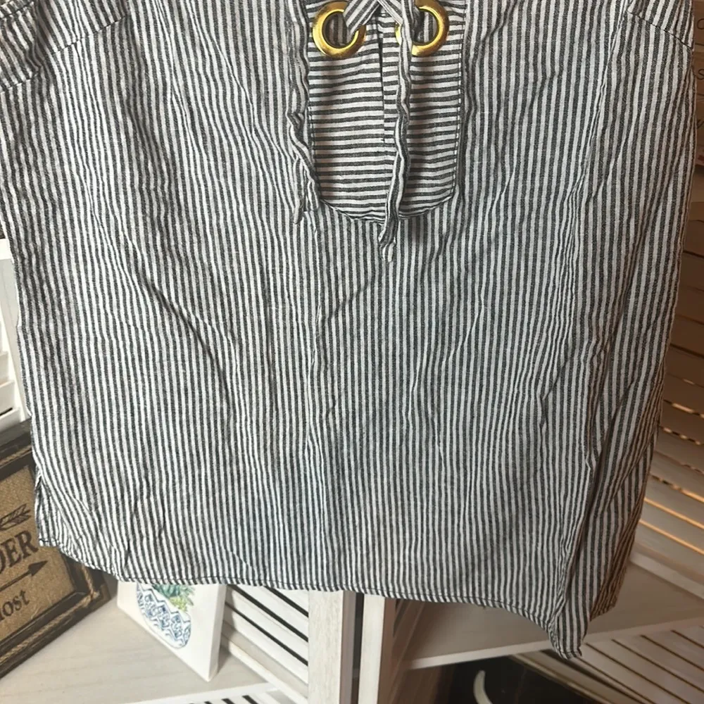 Michael Michael Kors Eyelet Criss Cross Striped Tank Top Ljnen Blend - Image 2