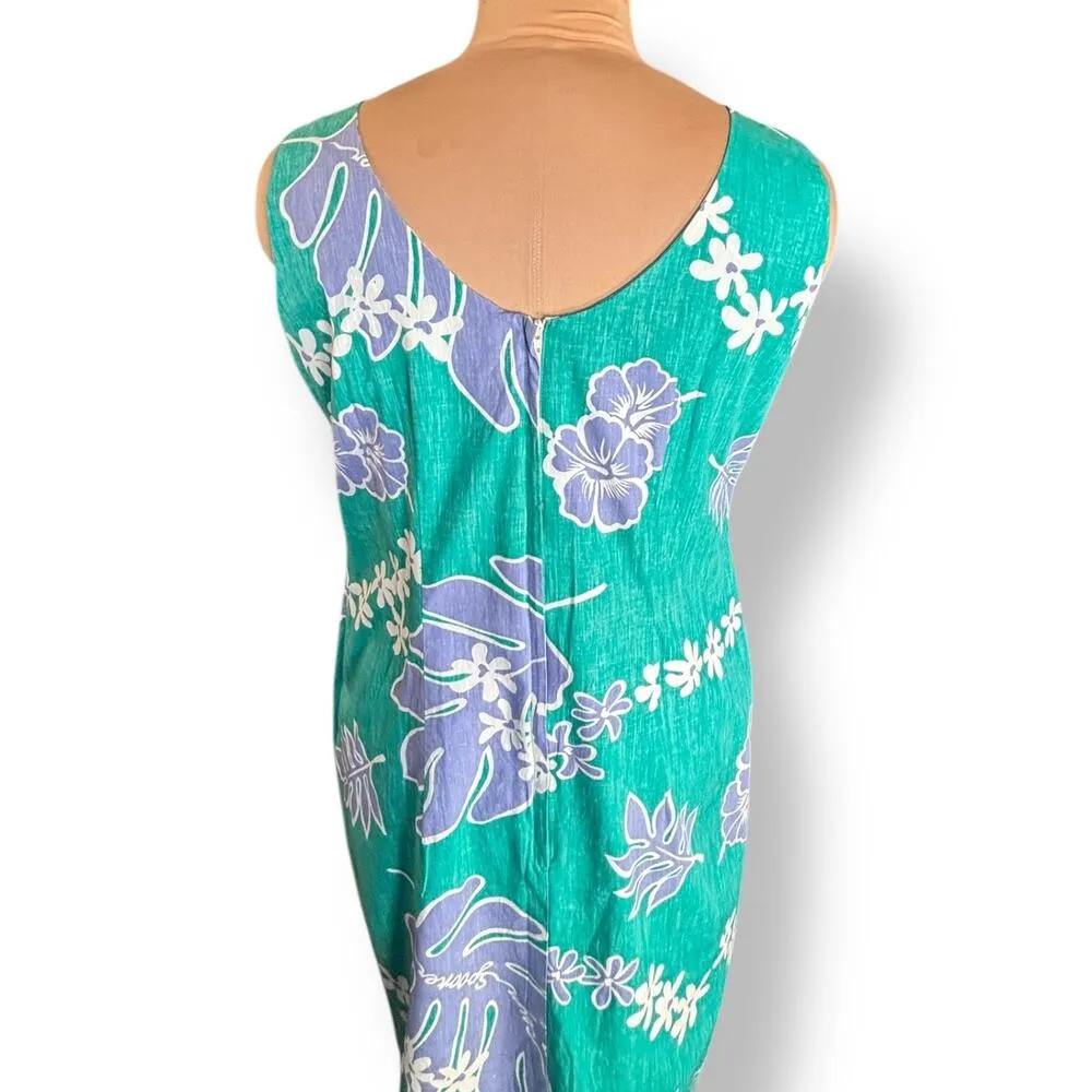Vintage Reyn Spooner Green Purple Floral Hawaiian Sheath Dress Sleeveless Large - Image 5