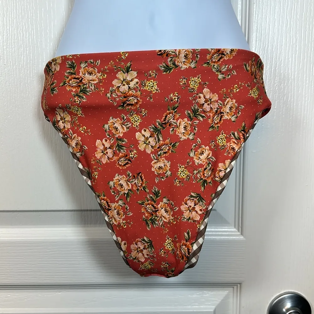 Maaji Floral Orange Brown White Gingham Regular Rise Classic Bikini Bottom Small - Image 5