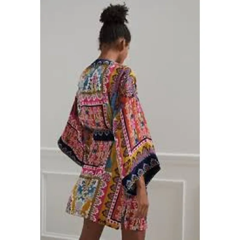 Anthropologie Zadie Multicolored Floral Velvet Kimono Womens Size XS/S Pink Navy - Image 3