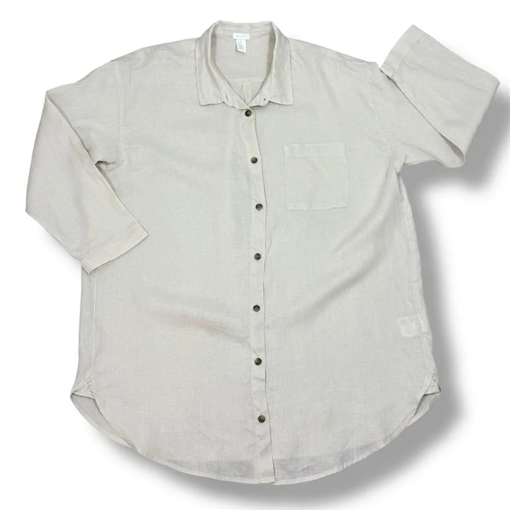 H&M Home Linen Button Up Shirt Dress Beige Tan Medium Long Sleeve Beach - Image 12