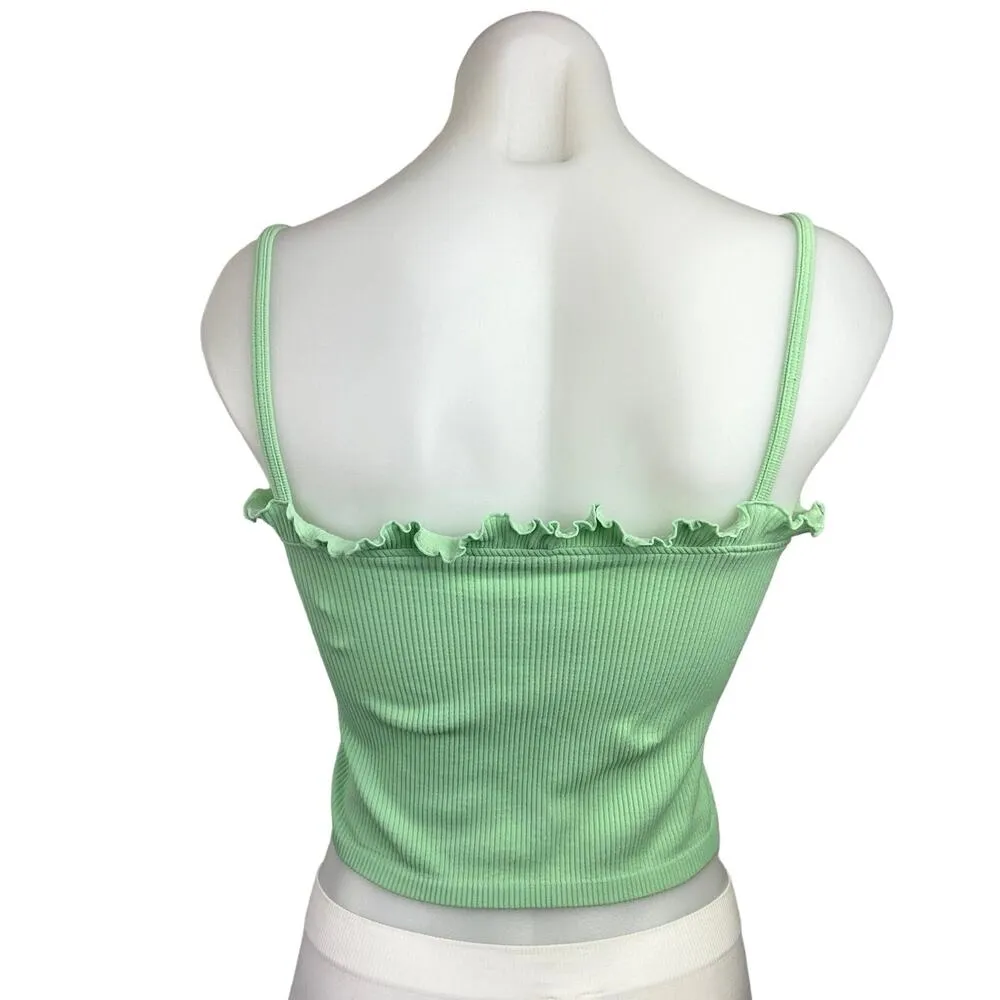 Zara Green Ruffle Ribbed Knit Sleeveless Cami Camisole Tank Neck Crop Top M/L - Image 3