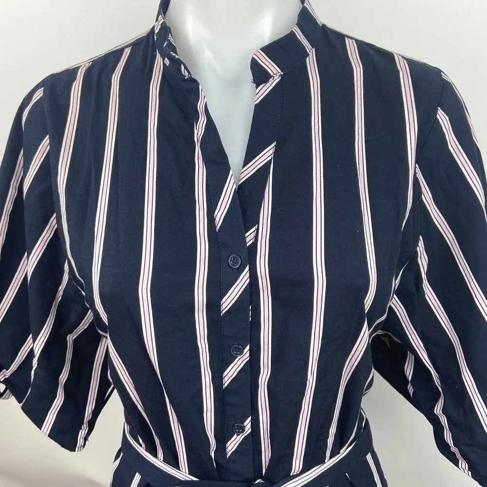 Zara Basic Blue Pink Striped Half Tie Sleeve Button Down Mini Shirt Dress Size S - Image 3