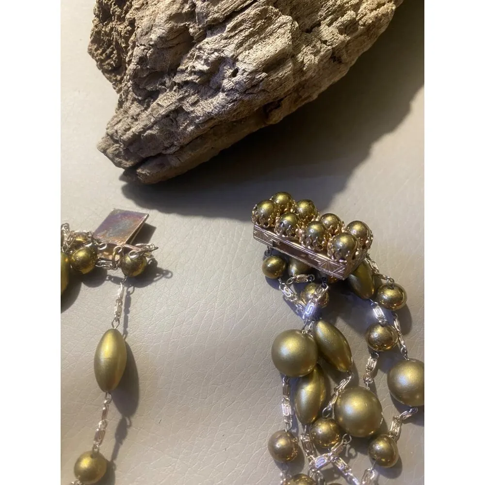 Vintage Classic Multi 4 Strand Gold Tone Beaded Necklace Box Ornate Clasp - Image 10