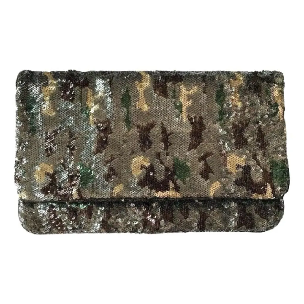 BCBGMAXAZRIA Sequin Camo Foldover Clutch Wallet Green Gold Brown Black Large NYE - Image 3