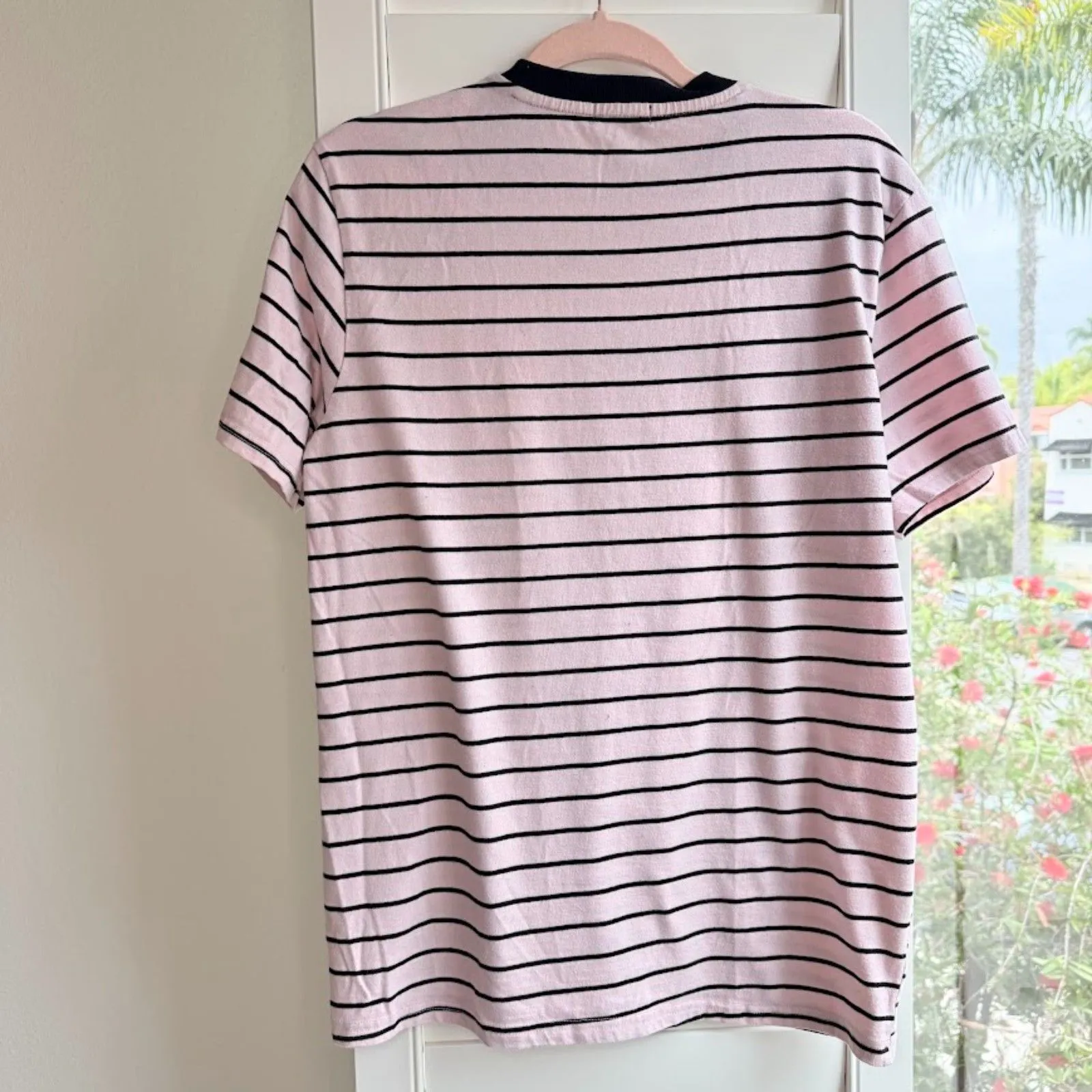 'Hardcore' Embroidered Oversized Cotton Tee Shirt in Pink & Black Stripe size S - Image 6
