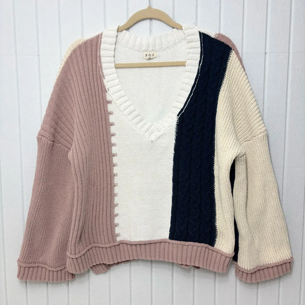POL V-Neck Color Block Chunky Knitted Sweater Women’s Size M - Image 6