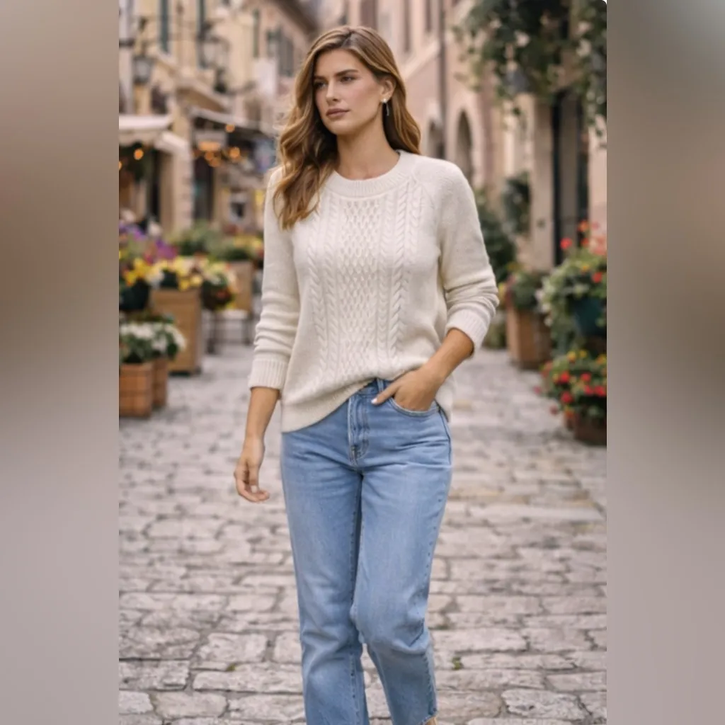 Talbots Cream Shaker Stitch Cable Knit Pullover Cotton Sweater Sz M - Image 6